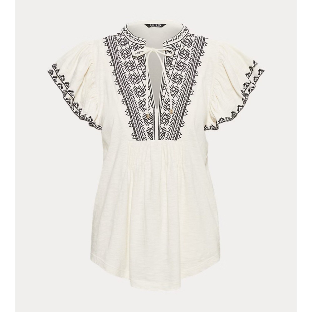 Lauren Ralph Lauren XS Cream Black Embroidered Smock Top Blouse New